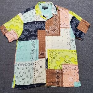 No Boundaries Button Up Shirt Mens Large Hawaiian Paisley Patchwork 100% Rayon